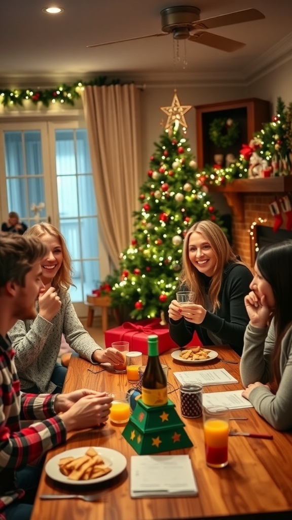 Christmas Trivia Game Ideas Friends and family enjoying a Christmas trivia game in a decorated living room.